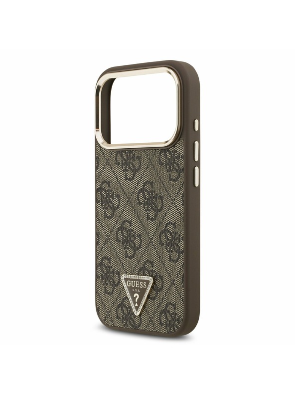 Guess Guess PU Leather 4G Strass Triangle Logo Gold Frame MagSafe Stražnji Poklopac za iPhone 17 Pro Brown
