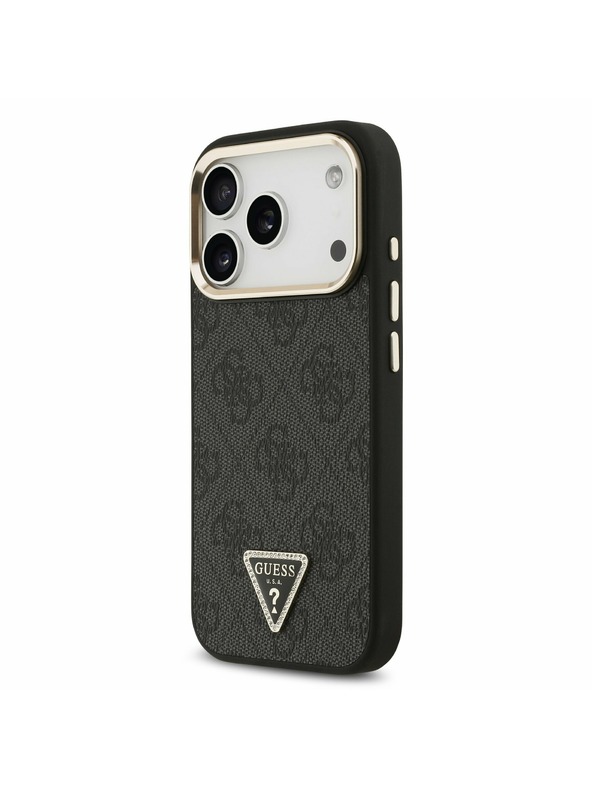 Guess Guess PU Leather 4G Strass Triangle Logo Gold Frame MagSafe Stražnji Poklopac za iPhone 17 Pro Black