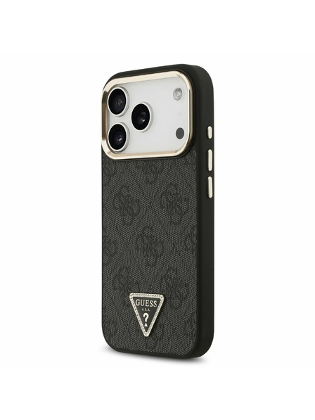 Guess Guess PU Leather 4G Strass Triangle Logo Gold Frame MagSafe Stražnji Poklopac za iPhone 17 Pro Black