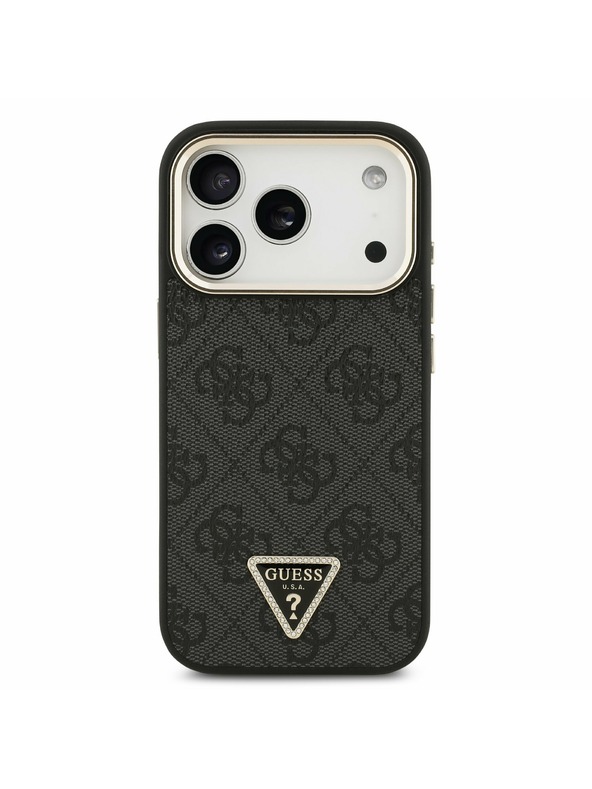 Guess Guess PU Leather 4G Strass Triangle Logo Gold Frame MagSafe Stražnji Poklopac za iPhone 17 Pro Black