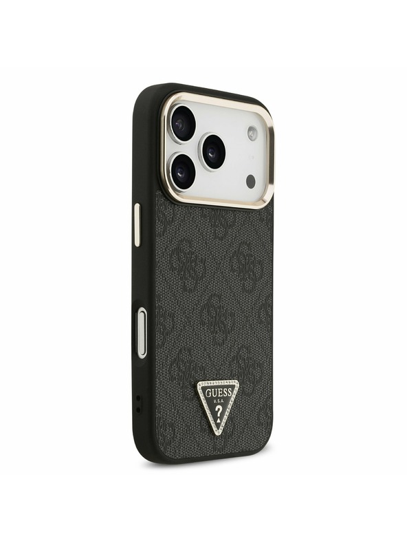 Guess Guess PU Leather 4G Strass Triangle Logo Gold Frame MagSafe Stražnji Poklopac za iPhone 17 Pro Black