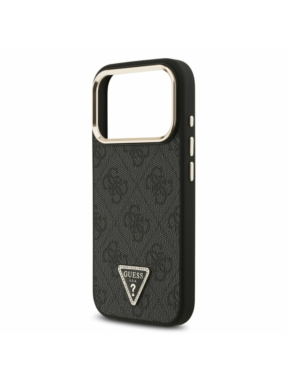 Guess Guess PU Leather 4G Strass Triangle Logo Gold Frame MagSafe Stražnji Poklopac za iPhone 17 Pro Black