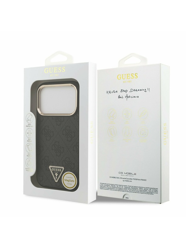 Guess Guess PU Leather 4G Strass Triangle Logo Gold Frame MagSafe Stražnji Poklopac za iPhone 17 Pro Black