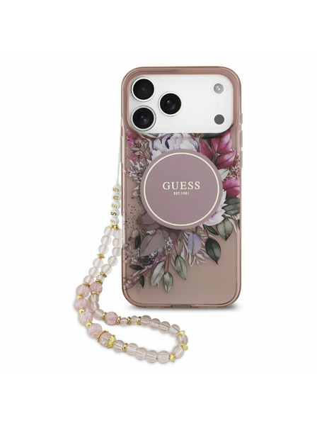 Guess Guess IML Flowers Strap MagSafe Stražnji Kryt za iPhone 17 Pro Max Pink