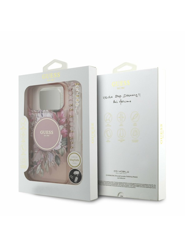 Guess Guess IML Flowers Strap MagSafe Stražnji Kryt za iPhone 17 Pro Max Pink
