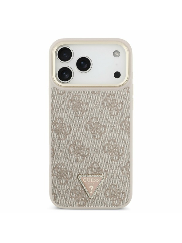 Guess Guess PU Leather 4G Strass Triangle Logo Gold Frame MagSafe Stražnji Kryt za iPhone 17 Pro Max Pink