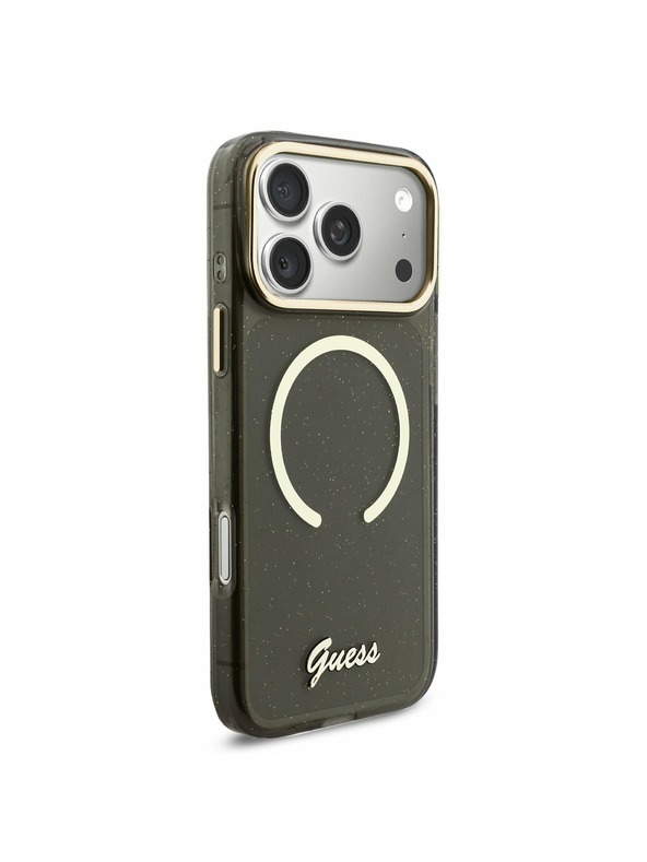 Guess Guess IML Glitter Script Strap MagSafe Stražnji Kryt za iPhone 17 Pro Max Black