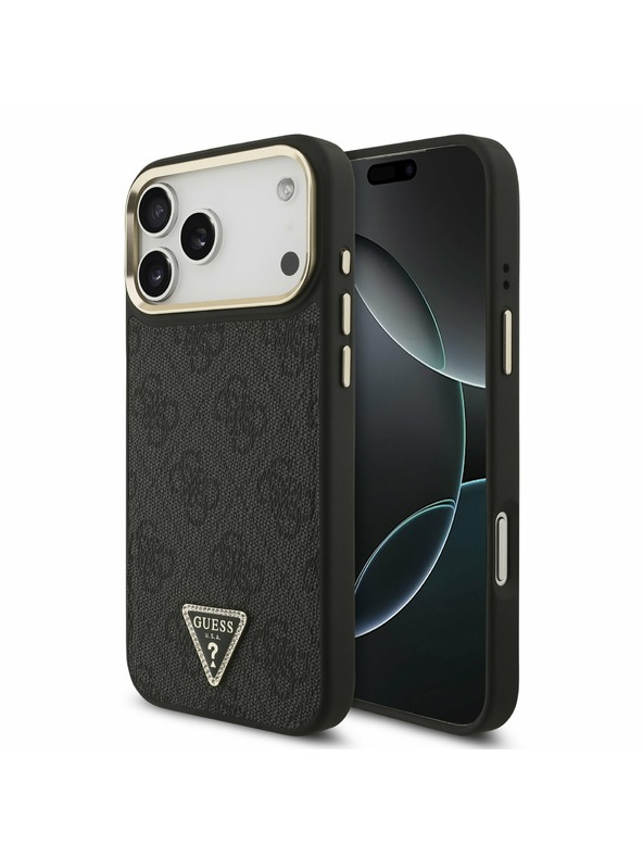 Guess Guess PU Leather 4G Strass Triangle Logo Gold Frame MagSafe Stražnji Poklopac za iPhone 17 Pro Max Black