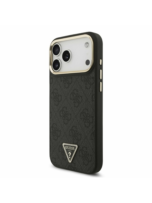 Guess Guess PU Leather 4G Strass Triangle Logo Gold Frame MagSafe Stražnji Poklopac za iPhone 17 Pro Max Black