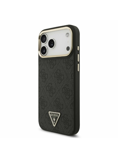 Guess Guess PU Leather 4G Strass Triangle Logo Gold Frame MagSafe Stražnji Poklopac za iPhone 17 Pro Max Black