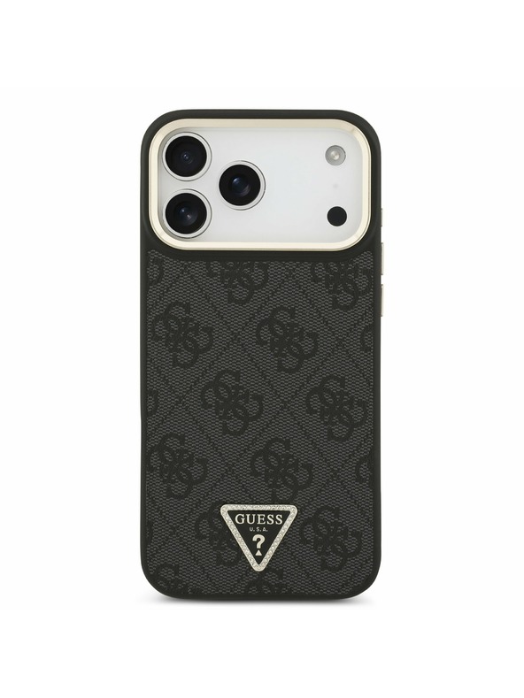 Guess Guess PU Leather 4G Strass Triangle Logo Gold Frame MagSafe Stražnji Poklopac za iPhone 17 Pro Max Black