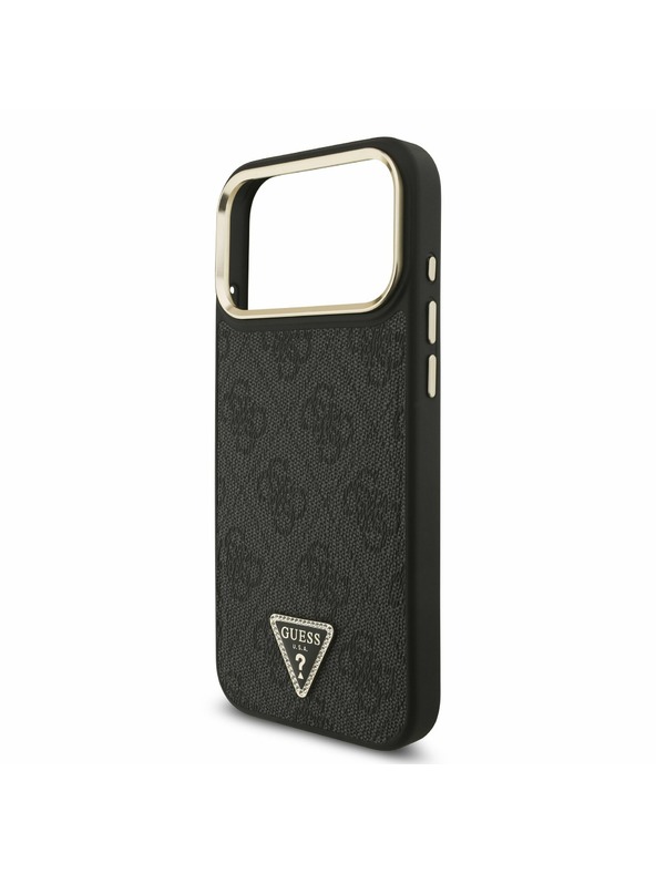 Guess Guess PU Leather 4G Strass Triangle Logo Gold Frame MagSafe Stražnji Poklopac za iPhone 17 Pro Max Black