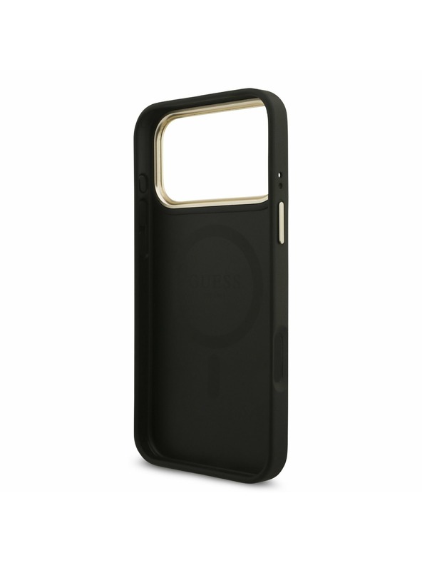Guess Guess PU Leather 4G Strass Triangle Logo Gold Frame MagSafe Stražnji Poklopac za iPhone 17 Pro Max Black