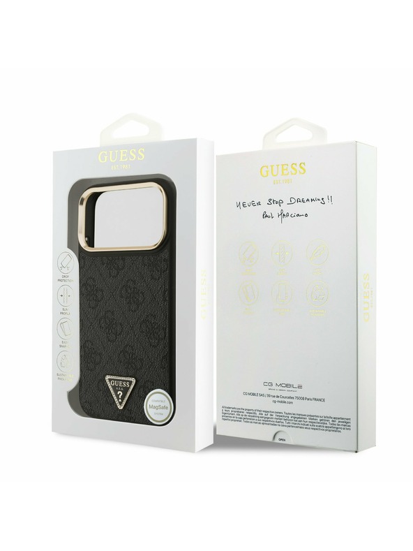 Guess Guess PU Leather 4G Strass Triangle Logo Gold Frame MagSafe Stražnji Poklopac za iPhone 17 Pro Max Black
