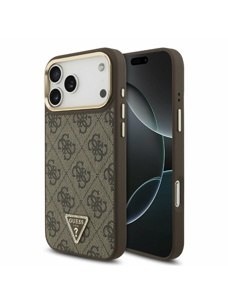 Guess Guess PU Leather 4G Strass Triangle Logo Gold Frame MagSafe Stražnji Poklopac za iPhone 17 Pro Max Brown