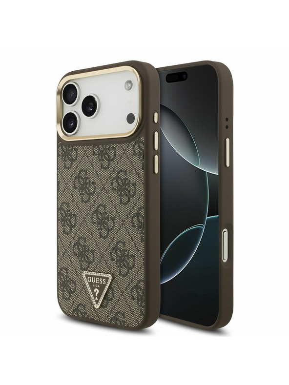 Guess Guess PU Leather 4G Strass Triangle Logo Gold Frame MagSafe Stražnji Poklopac za iPhone 17 Pro Max Brown
