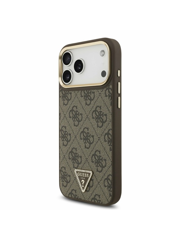 Guess Guess PU Leather 4G Strass Triangle Logo Gold Frame MagSafe Stražnji Poklopac za iPhone 17 Pro Max Brown