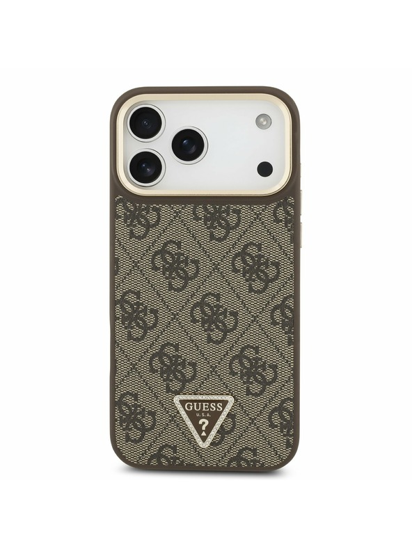 Guess Guess PU Leather 4G Strass Triangle Logo Gold Frame MagSafe Stražnji Poklopac za iPhone 17 Pro Max Brown