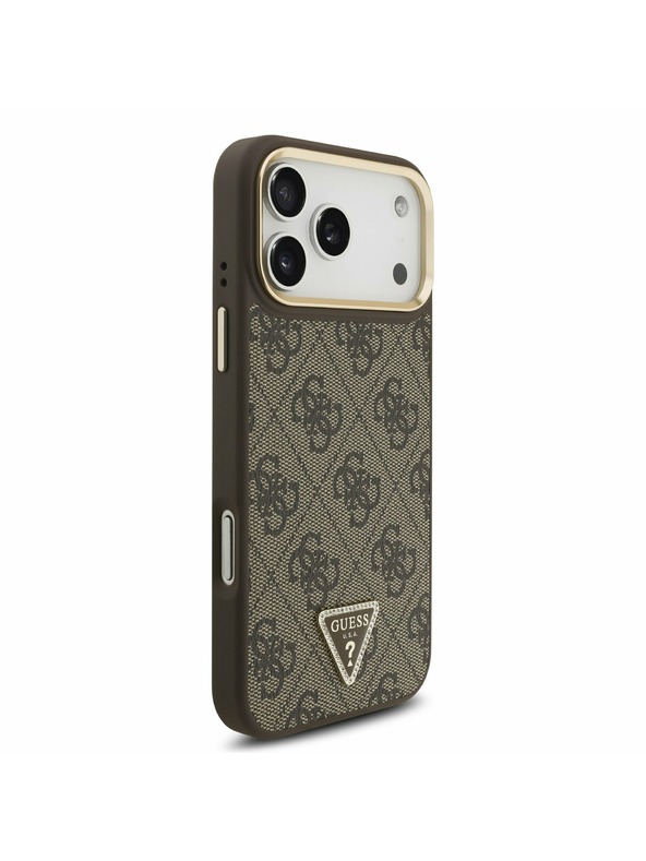 Guess Guess PU Leather 4G Strass Triangle Logo Gold Frame MagSafe Stražnji Poklopac za iPhone 17 Pro Max Brown