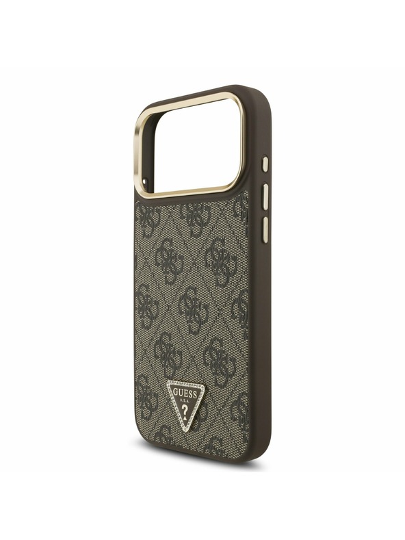 Guess Guess PU Leather 4G Strass Triangle Logo Gold Frame MagSafe Stražnji Poklopac za iPhone 17 Pro Max Brown