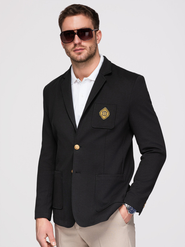 Ombre Clothing Muški sako klasičnog slim fit kroja sa zlatnim gumbima i emblemom Heritage - crno V2 OM-BLZB-0166 Ombre Clothing