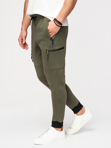 Ombre Clothing Muške trenirke JOGGER s džepovima na bedrima i kontrastnim vstavljenim dijelovima - maslinasto zelena V5 OM-PASK-0222 Ombre Clothing