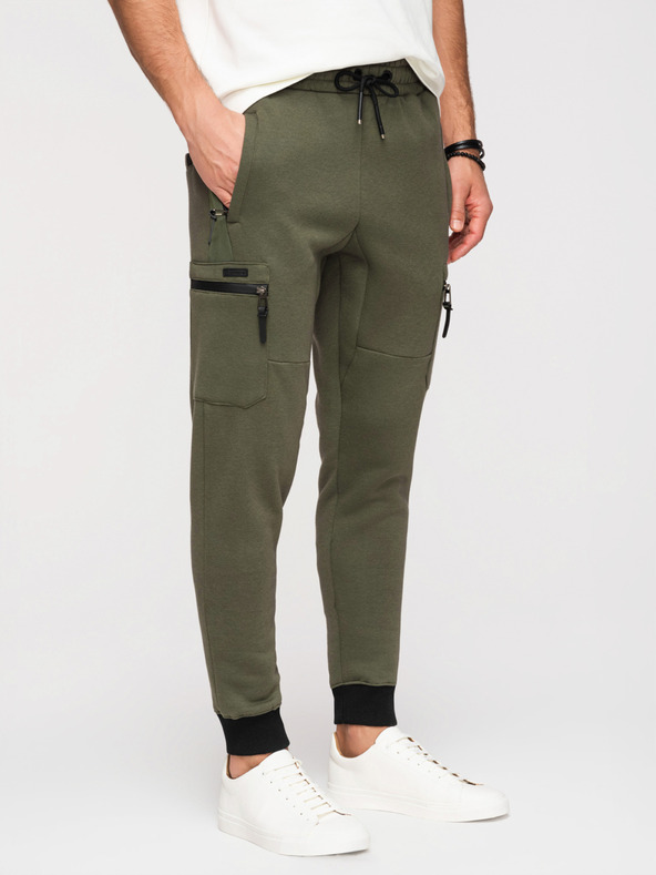 Ombre Clothing Muške trenirke JOGGER s džepovima na bedrima i kontrastnim vstavljenim dijelovima - maslinasto zelena V5 OM-PASK-0222 Ombre Clothing