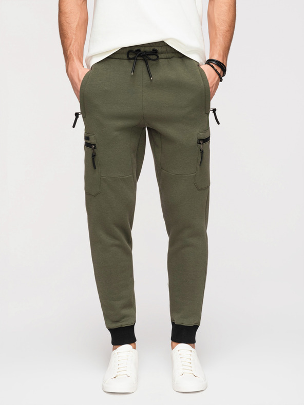 Ombre Clothing Muške trenirke JOGGER s džepovima na bedrima i kontrastnim vstavljenim dijelovima - maslinasto zelena V5 OM-PASK-0222 Ombre Clothing