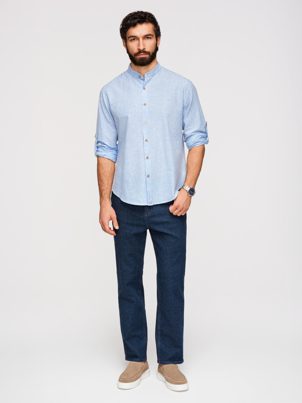 Ombre Clothing Muška prugasta lanena košulja sa stojačem - bijela i plava V2 OM-SHCS-0189 Ombre Clothing
