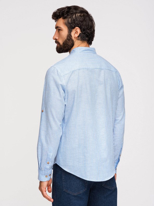 Ombre Clothing Muška prugasta lanena košulja sa stojačem - bijela i plava V2 OM-SHCS-0189 Ombre Clothing