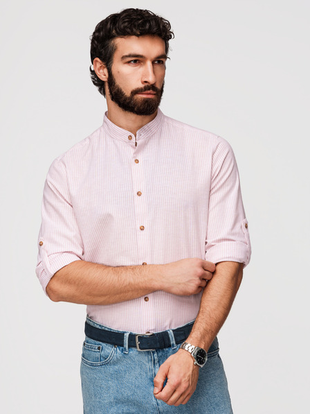 Ombre Clothing Muška prugasta lanena košulja sa stojačem - bijela i ružičasta V3 OM-SHCS-0189 Ombre Clothing