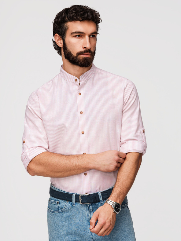 Ombre Clothing Muška prugasta lanena košulja sa stojačem - bijela i ružičasta V3 OM-SHCS-0189 Ombre Clothing