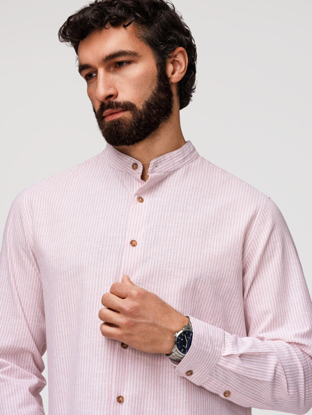 Ombre Clothing Muška prugasta lanena košulja sa stojačem - bijela i ružičasta V3 OM-SHCS-0189 Ombre Clothing
