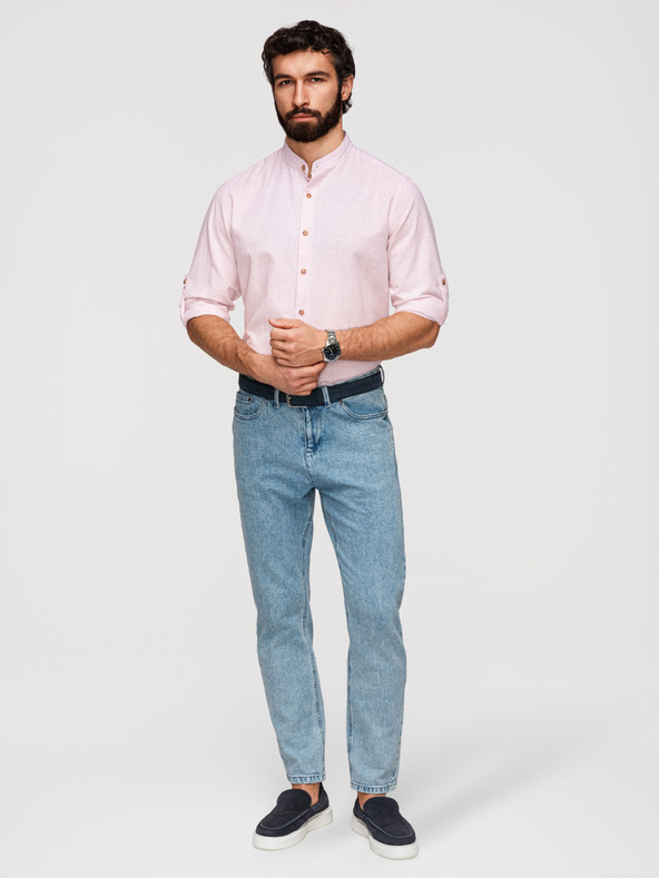 Ombre Clothing Muška prugasta lanena košulja sa stojačem - bijela i ružičasta V3 OM-SHCS-0189 Ombre Clothing
