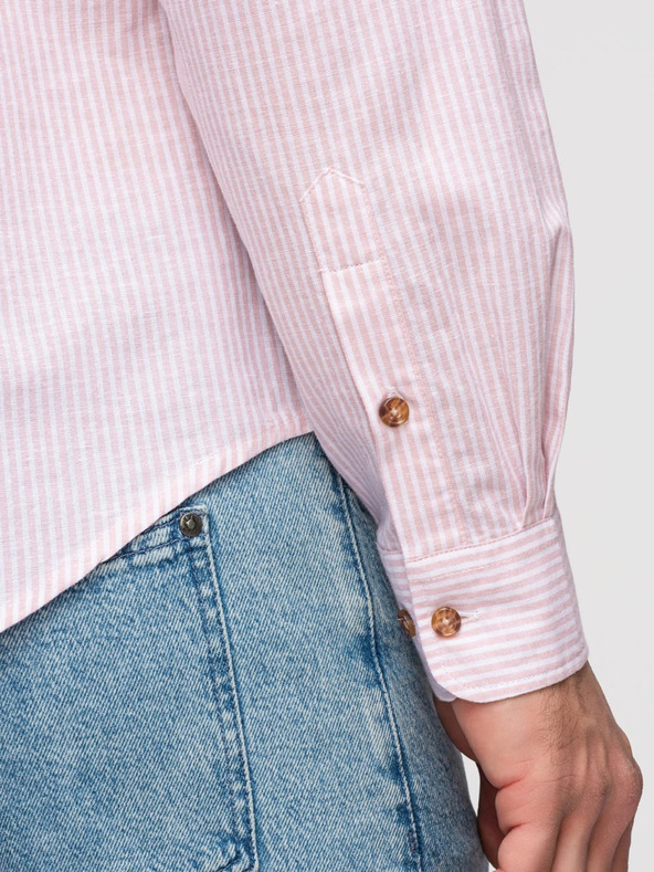 Ombre Clothing Muška prugasta lanena košulja sa stojačem - bijela i ružičasta V3 OM-SHCS-0189 Ombre Clothing