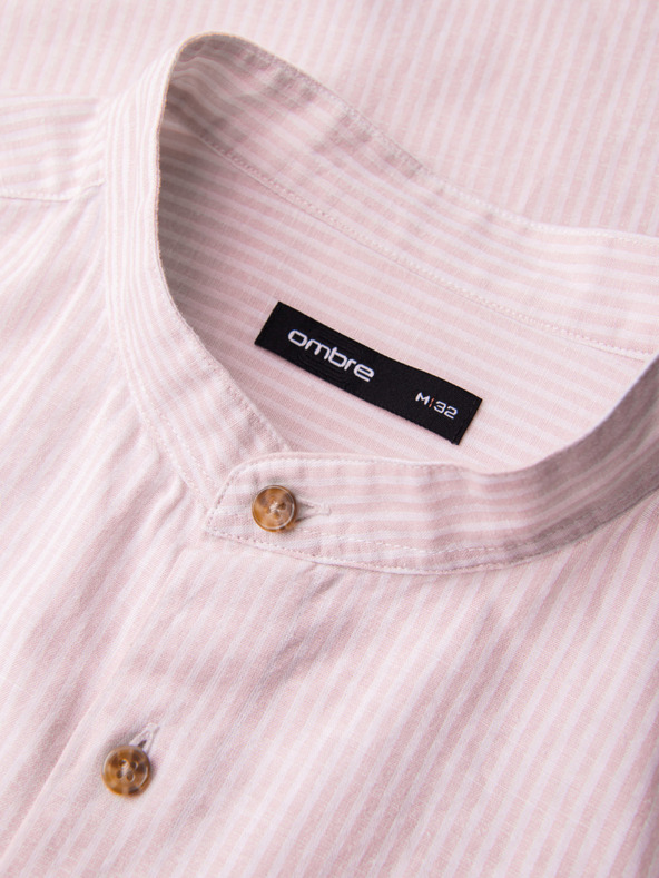 Ombre Clothing Muška prugasta lanena košulja sa stojačem - bijela i ružičasta V3 OM-SHCS-0189 Ombre Clothing