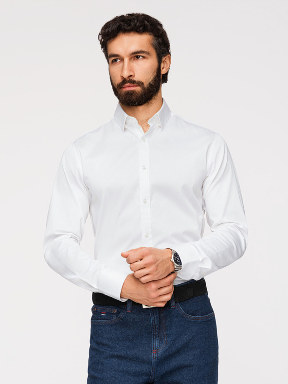 Ombre Clothing Muška klasična košulja SLIM FIT od satenske tkanine - bijela V1 OM-SHOS-0211 Ombre Clothing