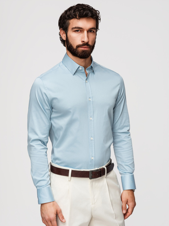 Ombre Clothing Muška klasična košulja SLIM FIT od satenske tkanine - plava V2 OM-SHOS-0211 Ombre Clothing