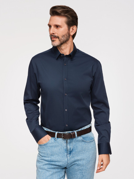 Ombre Clothing Muška klasična košulja SLIM FIT od satenske tkanine - tamno plava V3 OM-SHOS-0211 Ombre Clothing