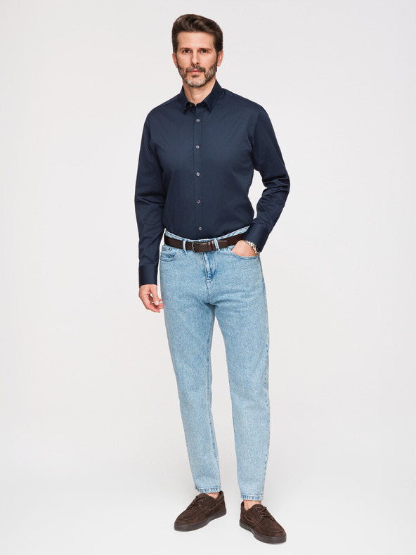 Ombre Clothing Muška klasična košulja SLIM FIT od satenske tkanine - tamno plava V3 OM-SHOS-0211 Ombre Clothing