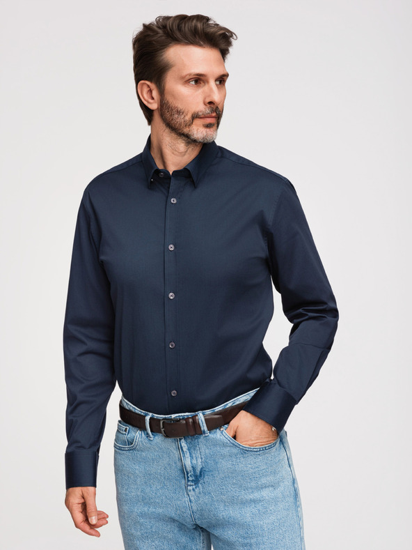 Ombre Clothing Muška klasična košulja SLIM FIT od satenske tkanine - tamno plava V3 OM-SHOS-0211 Ombre Clothing
