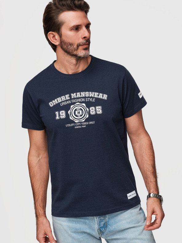 Ombre Clothing Muška pamučna majica sa printom u univerzitetskom stilu - tamno plava V3 OM-TSPT-0269 Ombre Clothing