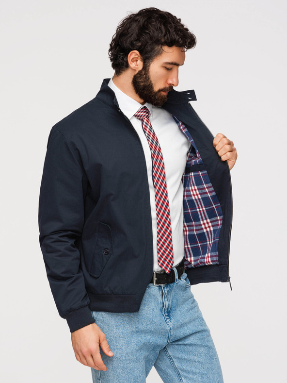 Ombre Clothing Muška jakna Harrington sa stojećim ovratnikom i karirastom podstavom - tamno plava V2 OM-JANP-0326 Ombre Clothing