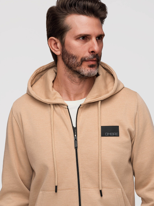 Ombre Clothing Muška dukserica na rajsferšlus s kapuljačom i naljepnicom - pijesak V2 OM-SSZP-0256 Ombre Clothing