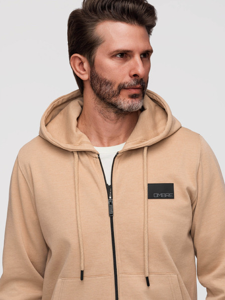 Ombre Clothing Muška dukserica na rajsferšlus s kapuljačom i naljepnicom - pijesak V2 OM-SSZP-0256 Ombre Clothing