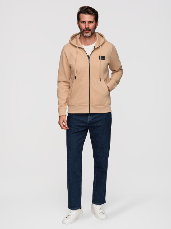 Ombre Clothing Muška dukserica na rajsferšlus s kapuljačom i naljepnicom - pijesak V2 OM-SSZP-0256 Ombre Clothing