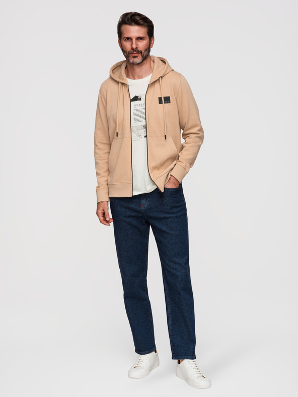 Ombre Clothing Muška dukserica na rajsferšlus s kapuljačom i naljepnicom - pijesak V2 OM-SSZP-0256 Ombre Clothing