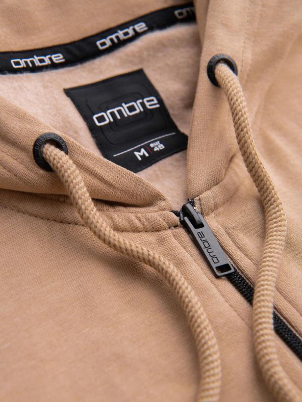 Ombre Clothing Muška dukserica na rajsferšlus s kapuljačom i naljepnicom - pijesak V2 OM-SSZP-0256 Ombre Clothing
