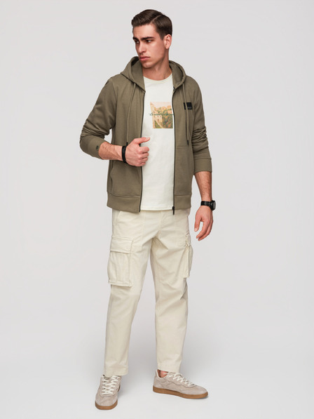 Ombre Clothing Muška dukserica bez gumbiju s kapuljačom i naljepnicom - maslinasta V4 OM-SSZP-0256 Ombre Clothing