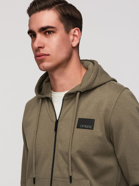 Ombre Clothing Muška dukserica bez gumbiju s kapuljačom i naljepnicom - maslinasta V4 OM-SSZP-0256 Ombre Clothing